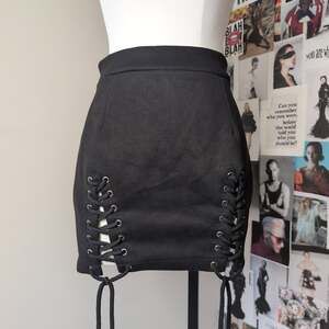 Lace-Up Eyelet Suede-Finish Gothic Mini Skirt